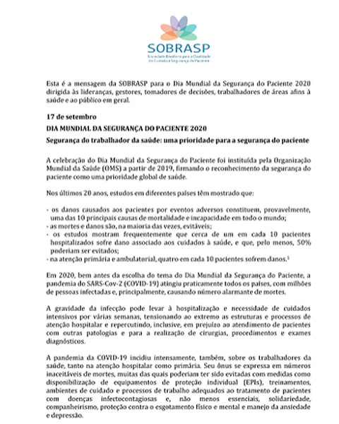 Mensagem da SOBRASP  �s lideran�as, gestores, tomadores de decis�es, trabalhadores afins � sa�de e ao p�blico em geral.