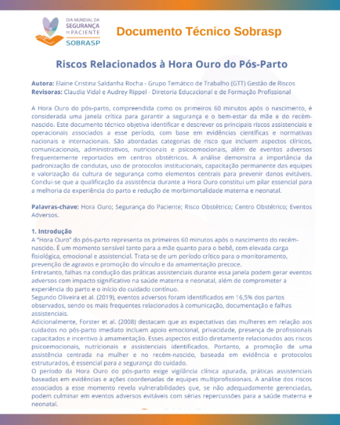 Riscos relacionados � hora ouro do p�s-parto