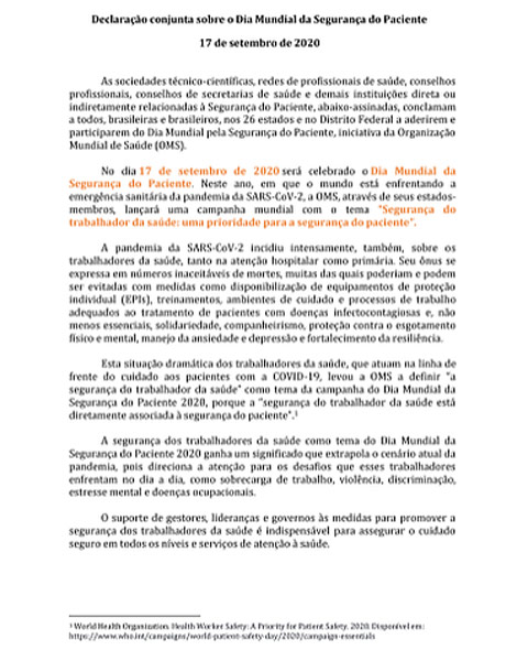 Declara��o conjunta sobre o Dia Mundial da Seguran�a do Paciente - 17 de setembro de 2020.